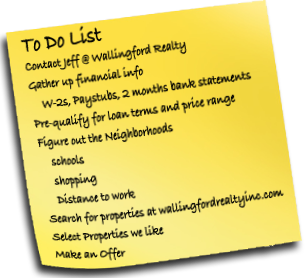 To Do: Contact Jeff @ Wallingford Realty, Gather up financial info (W-2s, Paystubs, 2 months bank statements), Pre-qualify for loan terms and price range,  
Figure out the Neighborhoods (schools, shopping, close to work), Search for properties on WallingfordRealtyInc.com, Select Properties we like, Make an Offer